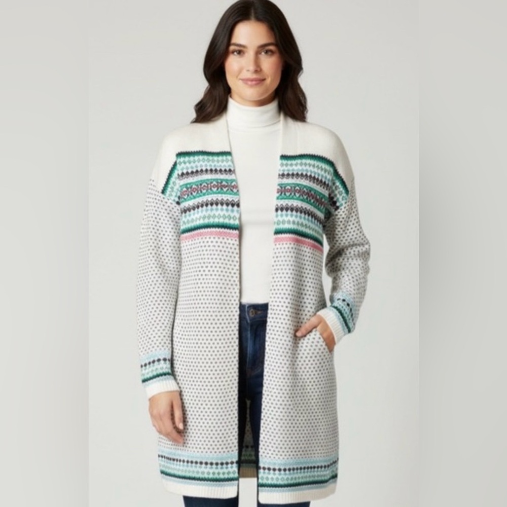 Talbots Beige, Green & Black Patterned Open Long Cardigan – Size M